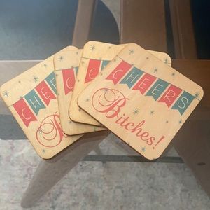 ‘cheers bitches’ wooden coasters. new without box
